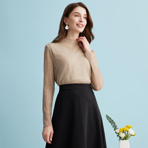 EITIE爱特爱气质立领网纱直筒显瘦金丝打底衫上衣春新款A2413311 商品图2