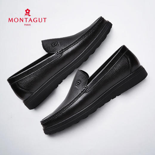 梦特娇新款商务休闲皮鞋方头一脚蹬套脚牛皮鞋中年爸爸鞋 商品图1