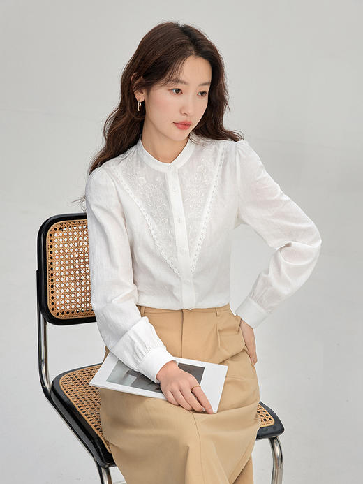 【专属特惠】熙世界新疆纯棉粉色衬衣女长袖2025秋新款设计感小立领衬衫上衣 商品图1