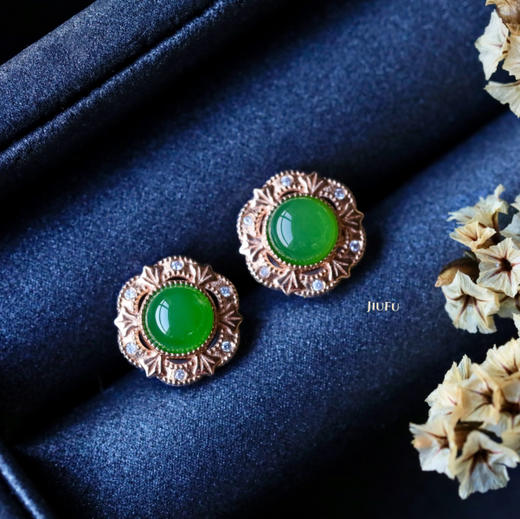 18K玫瑰金和田玉（碧玉）镶钻耳钉--锦辉/半珠直径5mm/苹果绿 商品图3