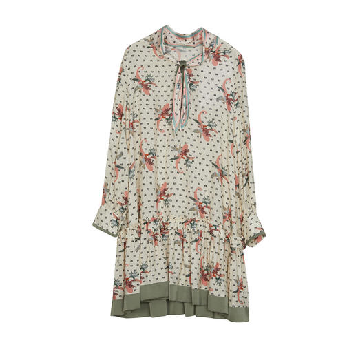 谜底原创花色连衣裙长袖女2024春复古田园风飘带V领短裙241ML0113 商品图4