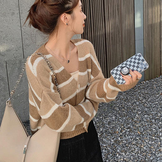 2025新款【条纹开衫女 长袖针织衫】新款韩版 毛衣短款外套女 上衣女 商品图0