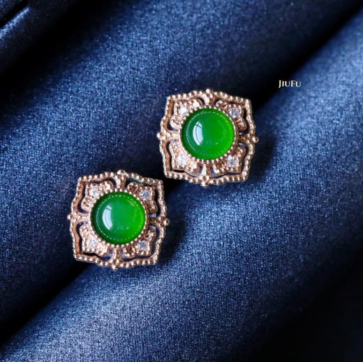 18K玫瑰金和田玉（碧玉）镶钻耳钉--锦熠/半珠直径4-5mm/苹果绿 商品图8