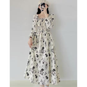 早春新款【桔梗法式 方领碎花连衣裙女】复古收腰显瘦 茶歇长袖裙子