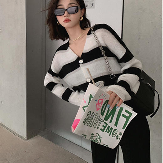 2025新款【条纹开衫女 长袖针织衫】新款韩版 毛衣短款外套女 上衣女 商品图1