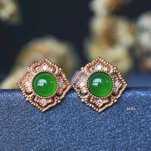 18K玫瑰金和田玉（碧玉）镶钻耳钉--锦熠/半珠直径4-5mm/苹果绿 商品图7