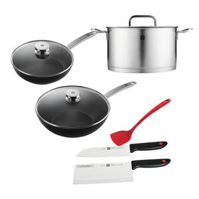 双立人 中式煎炒锅三件套装+双立人  深烧锅+双立人防滑手柄 中片刀+多用刀【HSZG20.0】