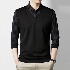 【Q】【假两件】【新款DSZ】大依优型大码假两件长袖T恤衬衫领加肥加大肥佬休闲商务宽松透气上衣打底