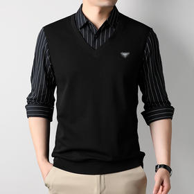 【假两件】【新款DSZ】大依优型大码假两件长袖T恤衬衫领加肥加大肥佬休闲商务宽松透气上衣打底