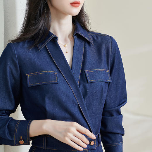 米思阳2026春季新款复古时尚牛仔连衣裙收腰弹力开叉一步裙女0638 商品图3