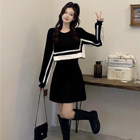 春季【黑白拼接撞色 连衣裙女】设计感 收腰显瘦 假两件卫衣裙子