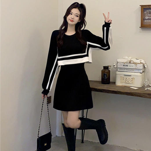 春季【黑白拼接撞色 连衣裙女】设计感 收腰显瘦 假两件卫衣裙子 商品图0