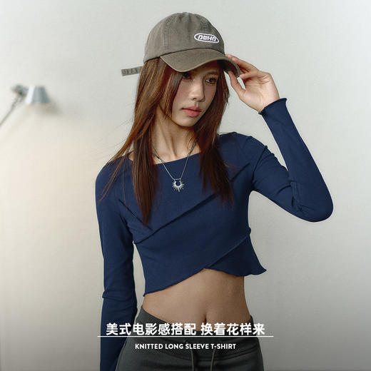 马登美式bm长袖t恤针织拼接修身打底衫不规则紧身露脐上衣女 商品图3