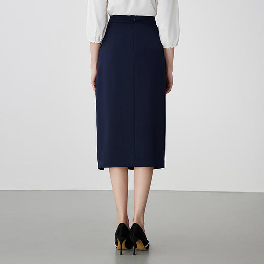 EITIE爱特爱夏季新款精致压褶高腰开叉包臀显瘦深蓝OL通勤半身裙A2406309 商品图4
