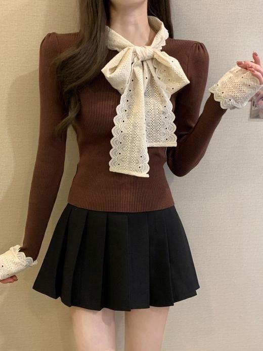 春季【拼接蕾丝蝴蝶结 围巾领长袖针织衫女】短款修身显瘦 打底衫上衣女 商品图1
