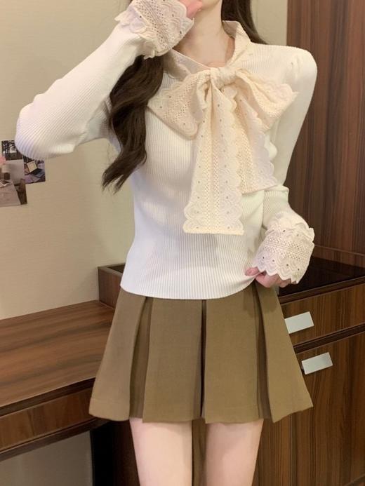 春季【拼接蕾丝蝴蝶结 围巾领长袖针织衫女】短款修身显瘦 打底衫上衣女 商品图2