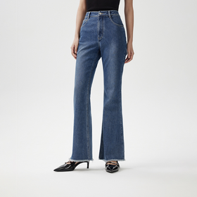 XL1XXL1朗姿 磨边微喇牛仔裤女休闲百搭显瘦喇叭裤(货号:LAEK03DPT432)