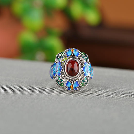 【逸品莲花】S925银血珀国潮景泰蓝莲花蝴蝶镂空戒指【CW-JZ06378】 商品图2