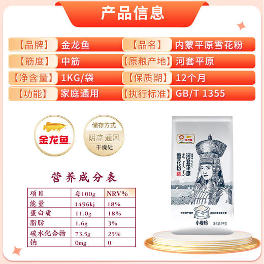 金龙鱼 面粉 中筋粉 内蒙平原雪花粉 1kg 麦芯粉 内蒙古河套平原小麦 商品图3