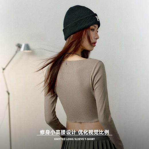 马登美式bm长袖t恤针织拼接修身打底衫不规则紧身露脐上衣女 商品图2