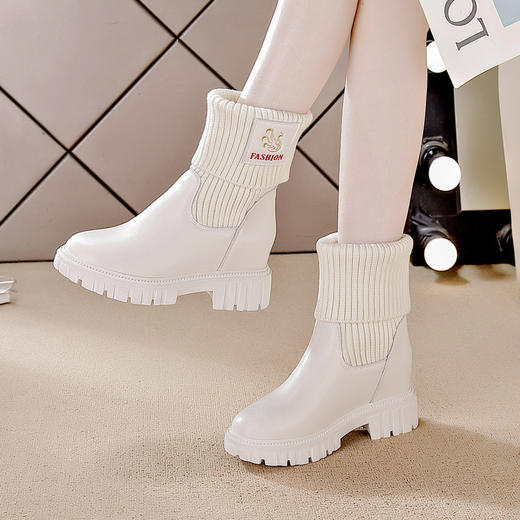 新款真皮内增高中筒靴，厚底坡跟雪地靴一脚蹬袜子靴LM23088 商品图4