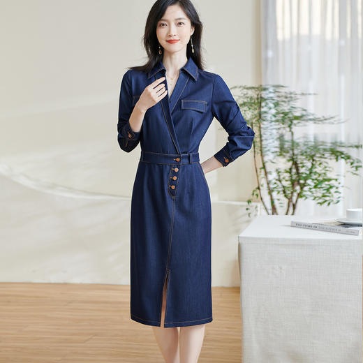 米思阳2026春季新款复古时尚牛仔连衣裙收腰弹力开叉一步裙女0638 商品图2
