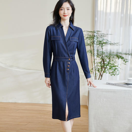 米思阳2026春季新款复古时尚牛仔连衣裙收腰弹力开叉一步裙女0638 商品图1