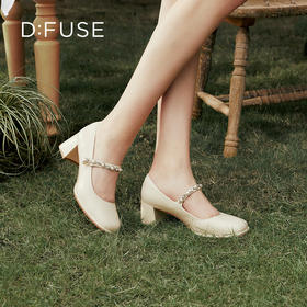 D:FUSE迪芙斯2024春季新款银色方头粗高跟珍珠玛丽珍单鞋DF41111056