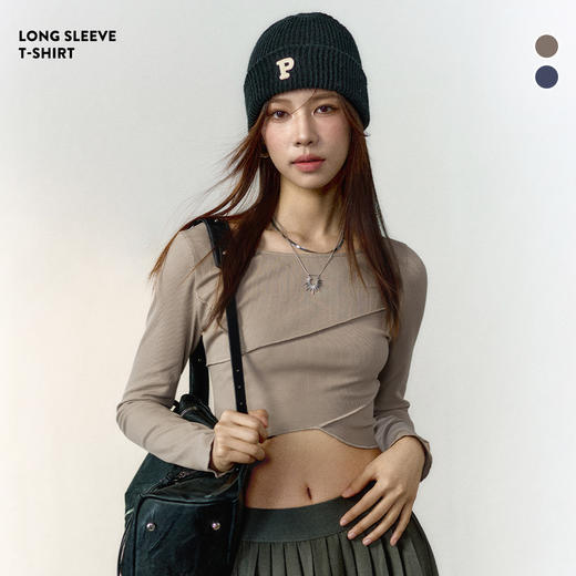 马登美式bm长袖t恤针织拼接修身打底衫不规则紧身露脐上衣女 商品图0