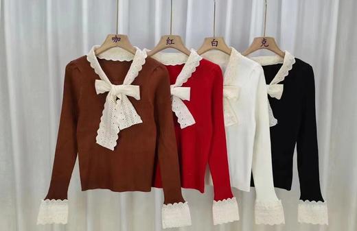 春季【拼接蕾丝蝴蝶结 围巾领长袖针织衫女】短款修身显瘦 打底衫上衣女 商品图5