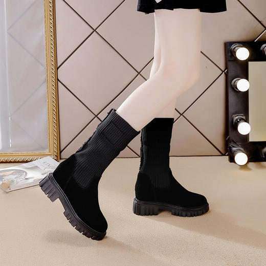 新款真皮内增高中筒靴，厚底坡跟雪地靴一脚蹬袜子靴LM23088 商品图3