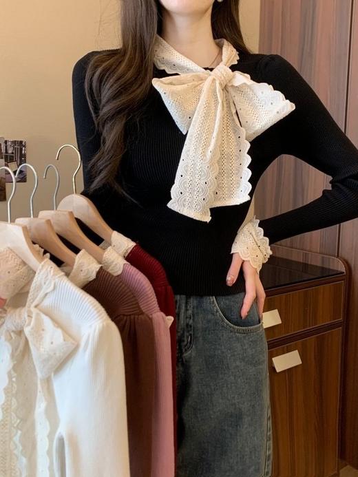 春季【拼接蕾丝蝴蝶结 围巾领长袖针织衫女】短款修身显瘦 打底衫上衣女 商品图0