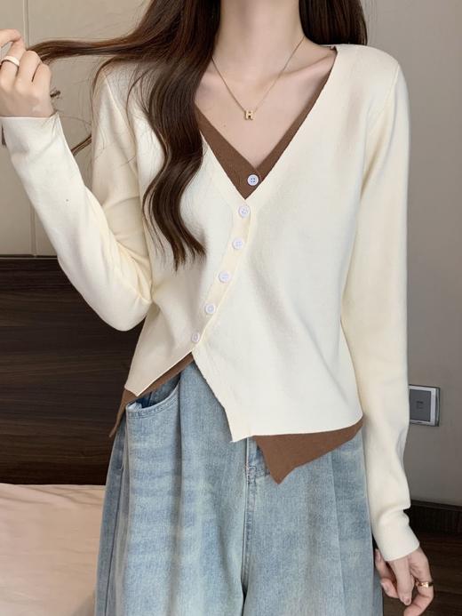 春秋季【不规则下摆 假二件针织开衫女】设计感小众 修身显瘦 撞色上衣女 商品图3