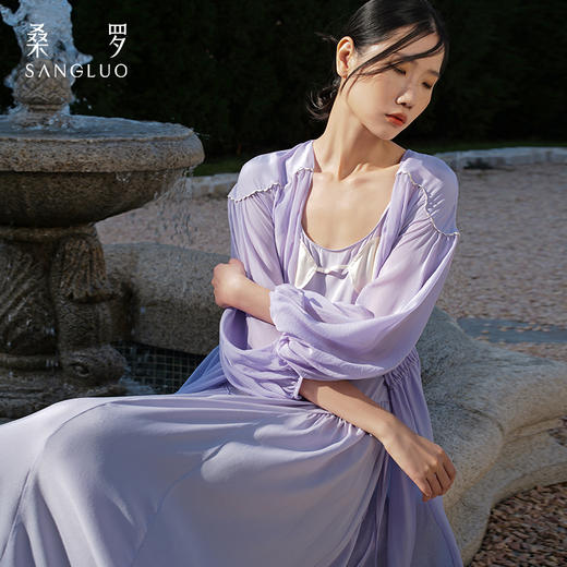 【新品】桑罗真丝睡袍长款慵懒无感轻薄100%桑蚕丝居家撞色花边法式晨袍 商品图0