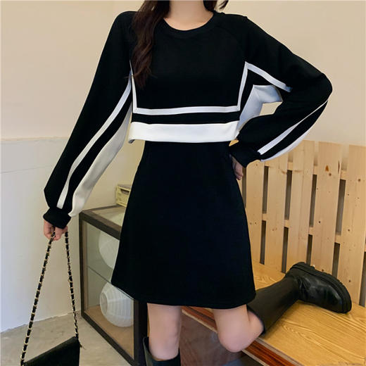 春季【黑白拼接撞色 连衣裙女】设计感 收腰显瘦 假两件卫衣裙子 商品图5
