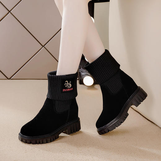 新款真皮内增高中筒靴，厚底坡跟雪地靴一脚蹬袜子靴LM23088 商品图0