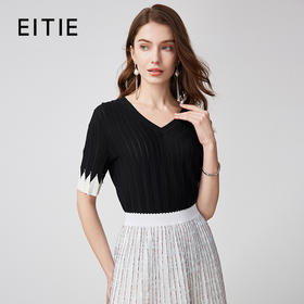 EITIE爱特爱春季新款黑白撞色显瘦百搭基础简约针织衫7301011