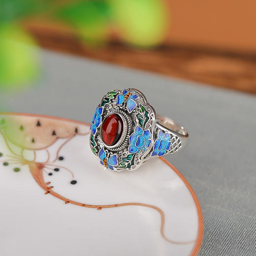 【逸品莲花】S925银血珀国潮景泰蓝莲花蝴蝶镂空戒指【CW-JZ06378】 商品图1