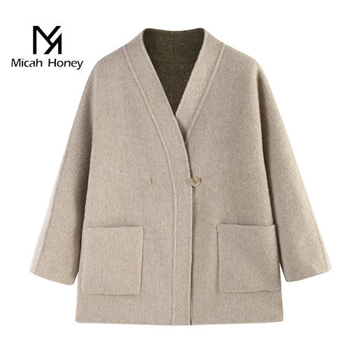 米加蜜 羊驼毛双面双色短大衣新中式外套 商品图4