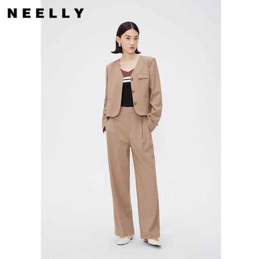 NEELLY纳俪商场同款春季卡其色西装外套女高腰短款气质V领小西服N24031C01138 商品图1