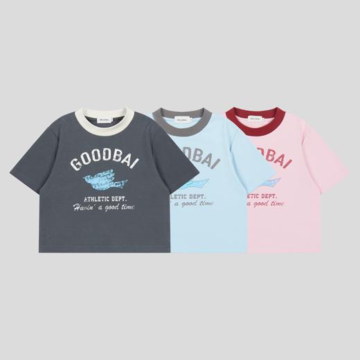 GOODBAI飞行白鸽logo做旧印花撞色正肩短款T恤 商品图1