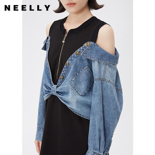 NEELLY纳俪商场同款设计感拼接牛仔连衣裙时尚洋气假两件露肩裙子N24031Y01144 商品图2