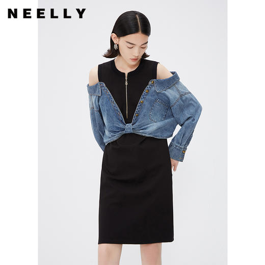 NEELLY纳俪商场同款设计感拼接牛仔连衣裙时尚洋气假两件露肩裙子N24031Y01144 商品图0