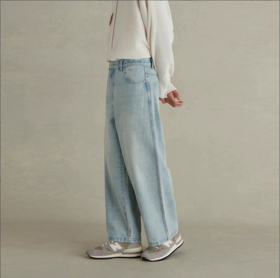 Evistub/E-3QCK11/水洗蓝复古宽松直筒牛仔长裤