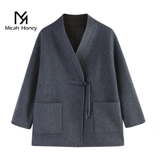 米加蜜 羊驼毛双面双色短大衣新中式外套 商品图3