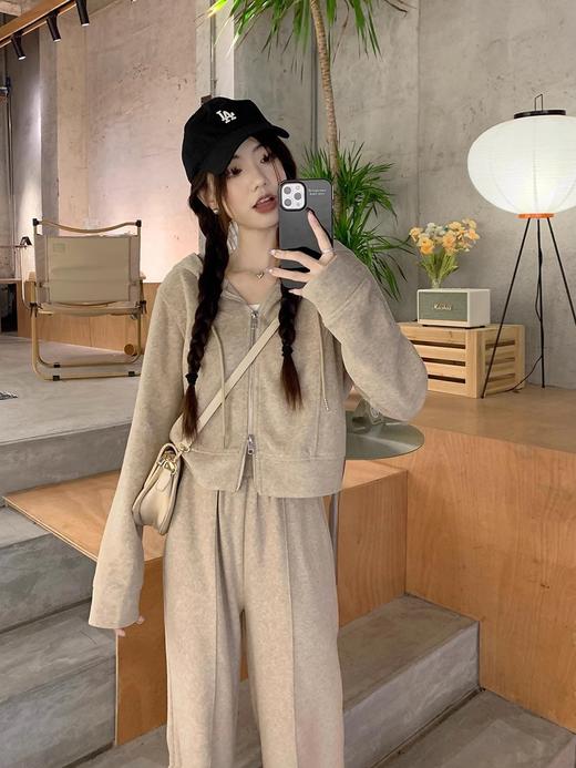 春秋季【休闲套装 灰色长袖连帽卫衣外套女】宽松阔腿裤 长裤子 运动两件套 商品图1