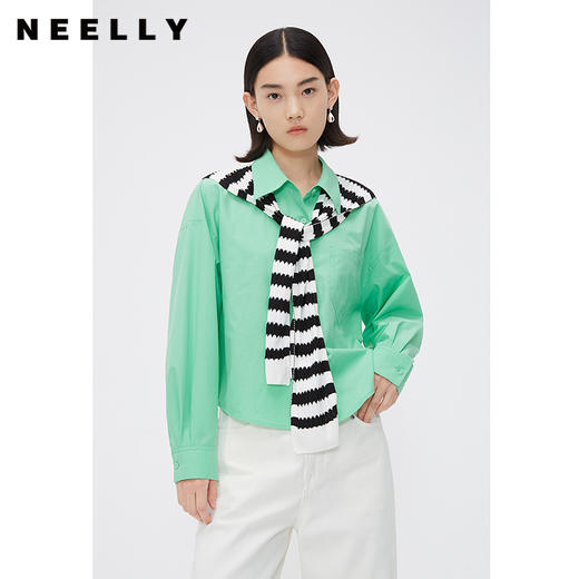 NEELLY纳俪商场同款春季披肩设计感衬衫女小众韩版宽松简约短衬衣N24031B01135 商品图2
