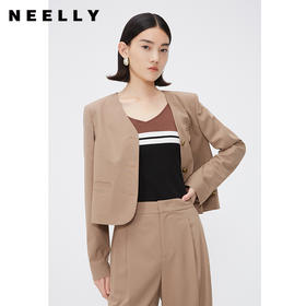 NEELLY纳俪商场同款春季卡其色西装外套女高腰短款气质V领小西服N24031C01138