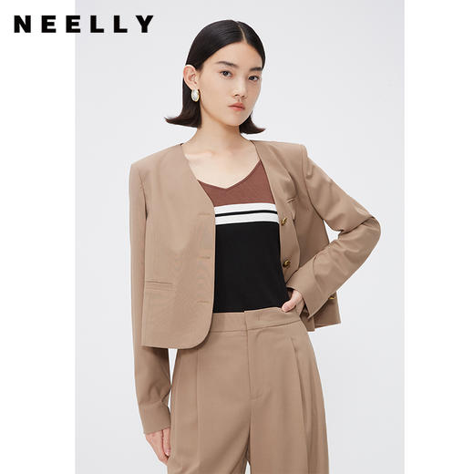 NEELLY纳俪商场同款春季卡其色西装外套女高腰短款气质V领小西服N24031C01138 商品图0