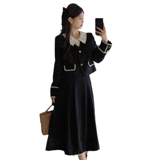 春秋季【大码女装 微胖显瘦遮肉套装】 时尚气质小香风上衣+长款半身裙两件套 商品图4